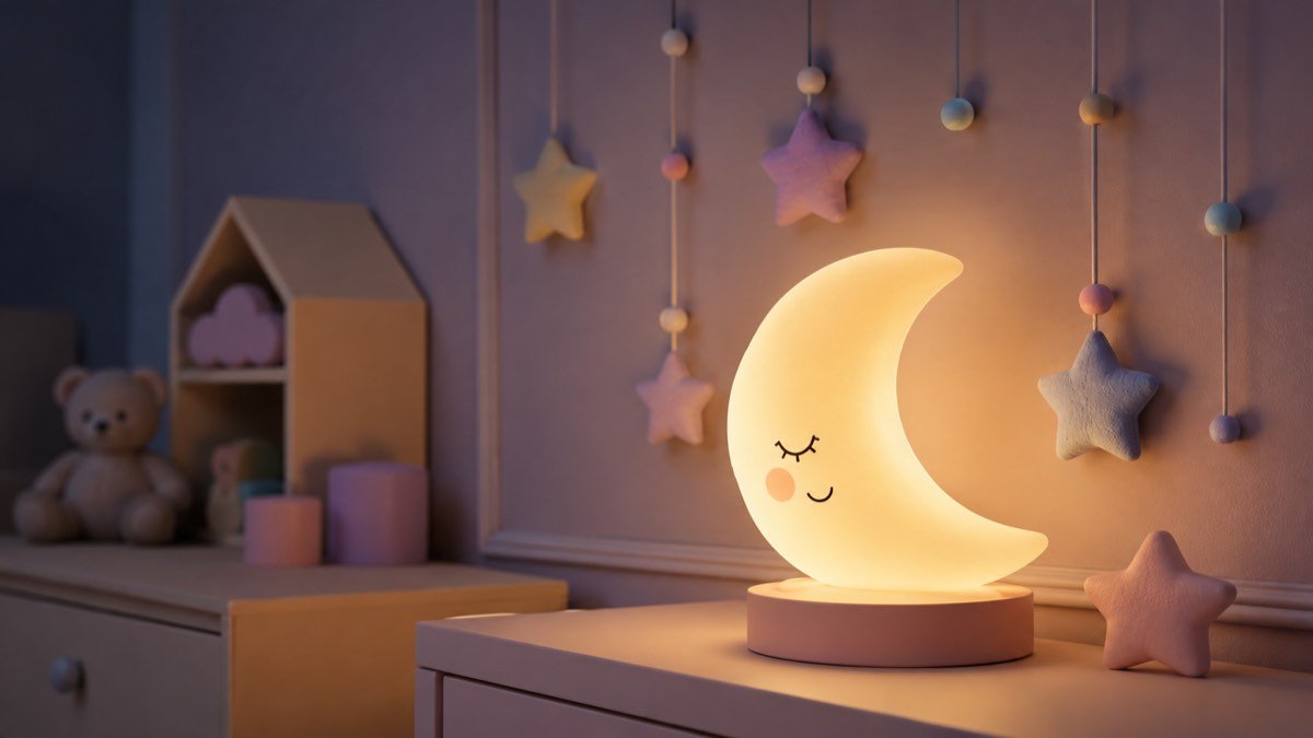 Abajur em formato de lua e estrelas no quarto do bebê