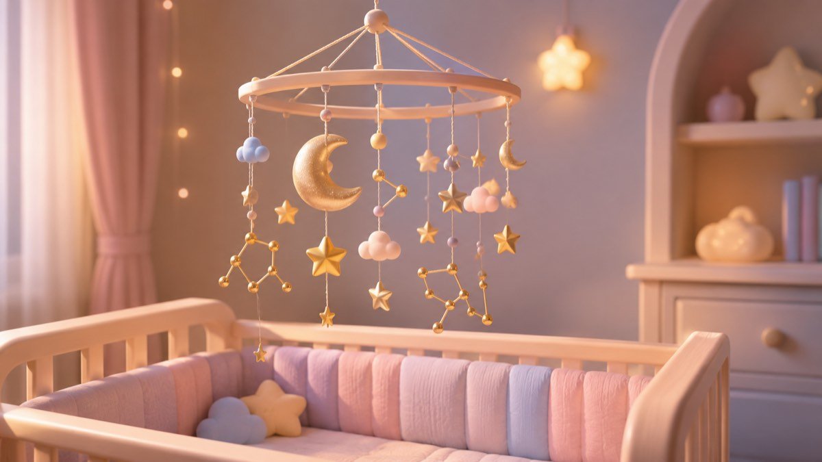 Móbile de berço com estrelas e constelações douradas