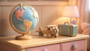 Globo terrestre de brinquedo em quarto de bebê, ilustração de nomes internacionais