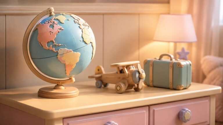 Globo terrestre de brinquedo em quarto de bebê, ilustração de nomes internacionais