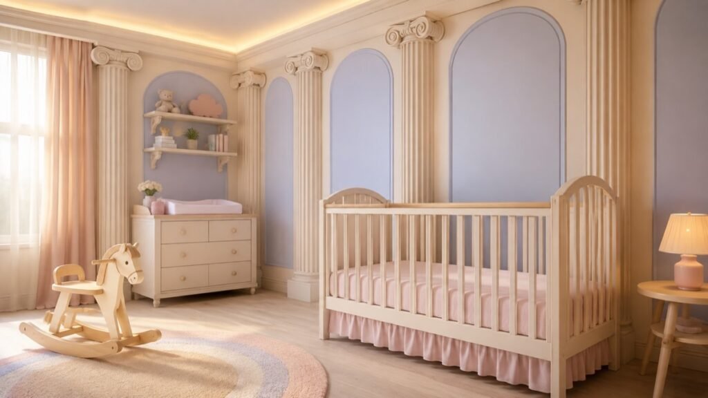 Quarto de bebê com colunas gregas na parede, ilustração de nomes mitológicos