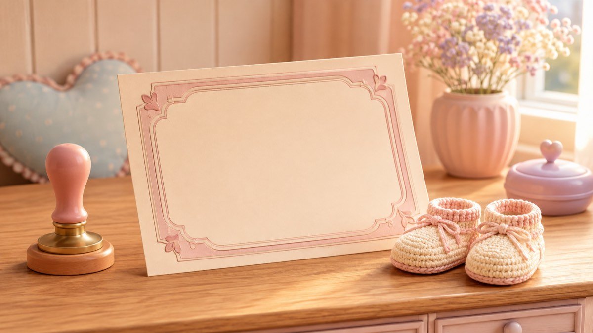 Certidão em branco sobre a mesa ao lado de sapatinhos de bebê
