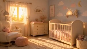Quarto de bebê ao amanhecer com luz do sol na cortina, ilustração de nomes que significam luz