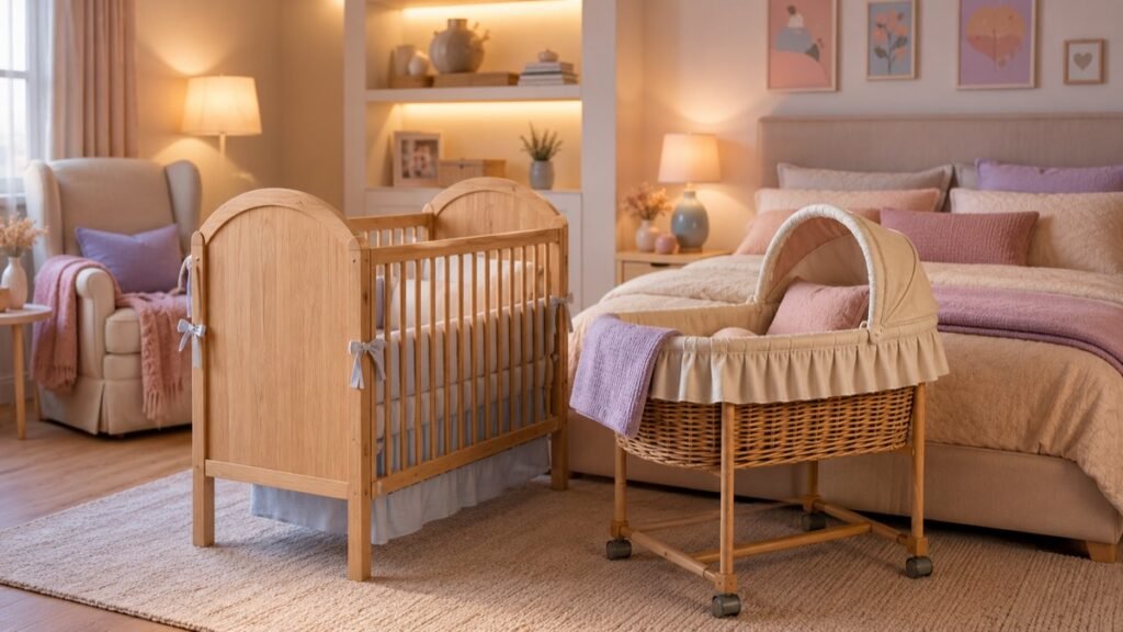Berço de madeira e moisés de vime lado a lado no quarto, ilustração sobre onde o bebê vai dormir