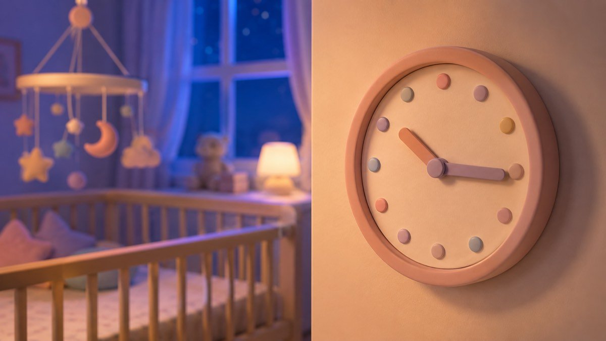 Relógio de parede em quarto de bebê durante a madrugada