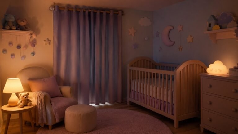 Quarto de bebê em penumbra à noite com abajur aceso, ilustração sobre o sono do bebê