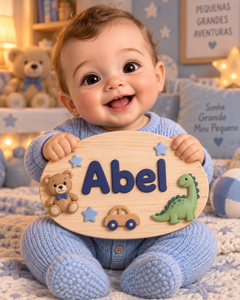 Ilustração de bebê segurando plaquinha com o nome Abel