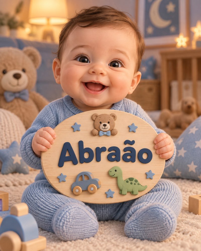 Ilustração de bebê segurando plaquinha com o nome Abraão