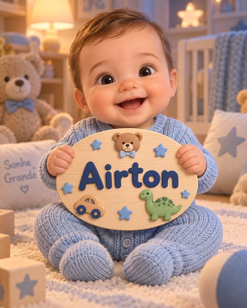 Ilustração de bebê segurando plaquinha com o nome Airton
