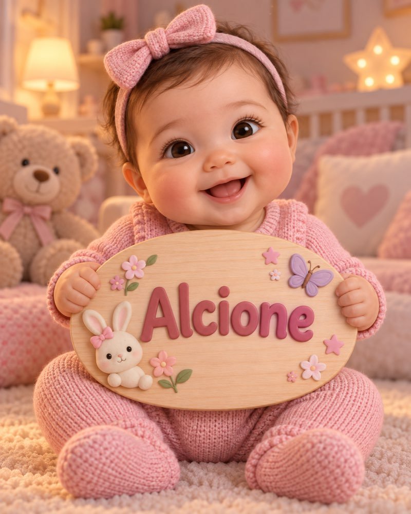Ilustração de bebê segurando plaquinha com o nome Alcione