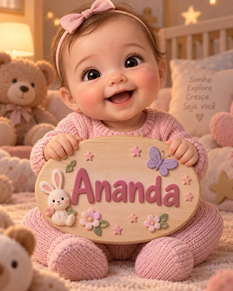 Ilustração de bebê segurando plaquinha com o nome Ananda