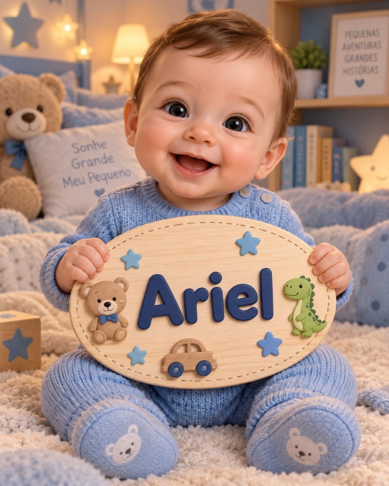 Ilustração de bebê segurando plaquinha com o nome Ariel