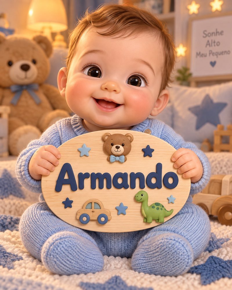 Ilustração de bebê segurando plaquinha com o nome Armando