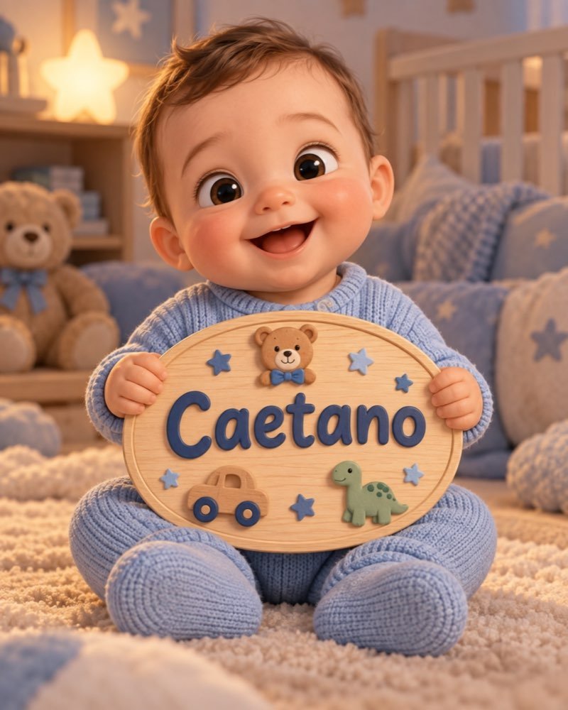 Ilustração de bebê segurando plaquinha com o nome Caetano