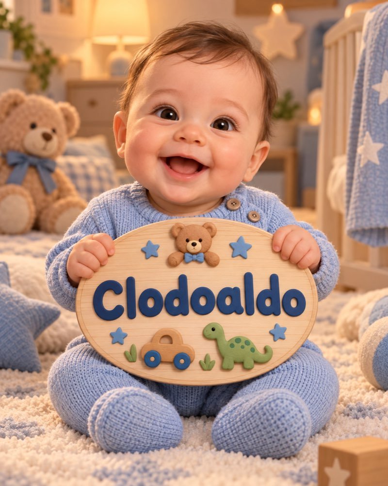 Ilustração de bebê segurando plaquinha com o nome Clodoaldo