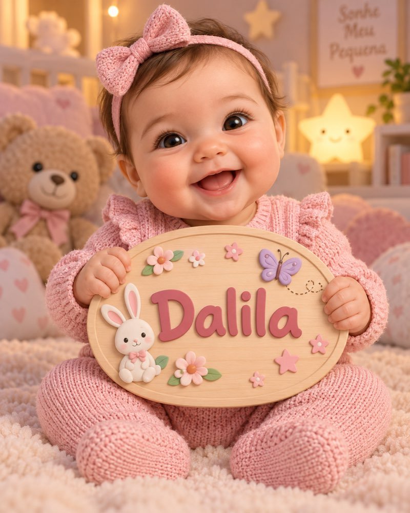 Ilustração de bebê segurando plaquinha com o nome Dalila