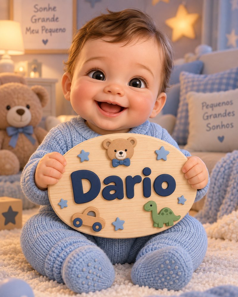 Ilustração de bebê segurando plaquinha com o nome Dario