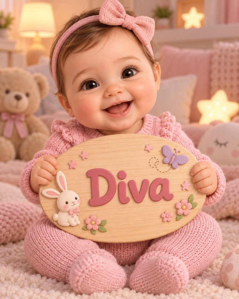 Ilustração de bebê segurando plaquinha com o nome Diva