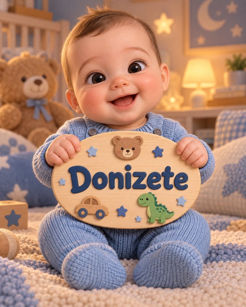 Ilustração de bebê segurando plaquinha com o nome Donizete