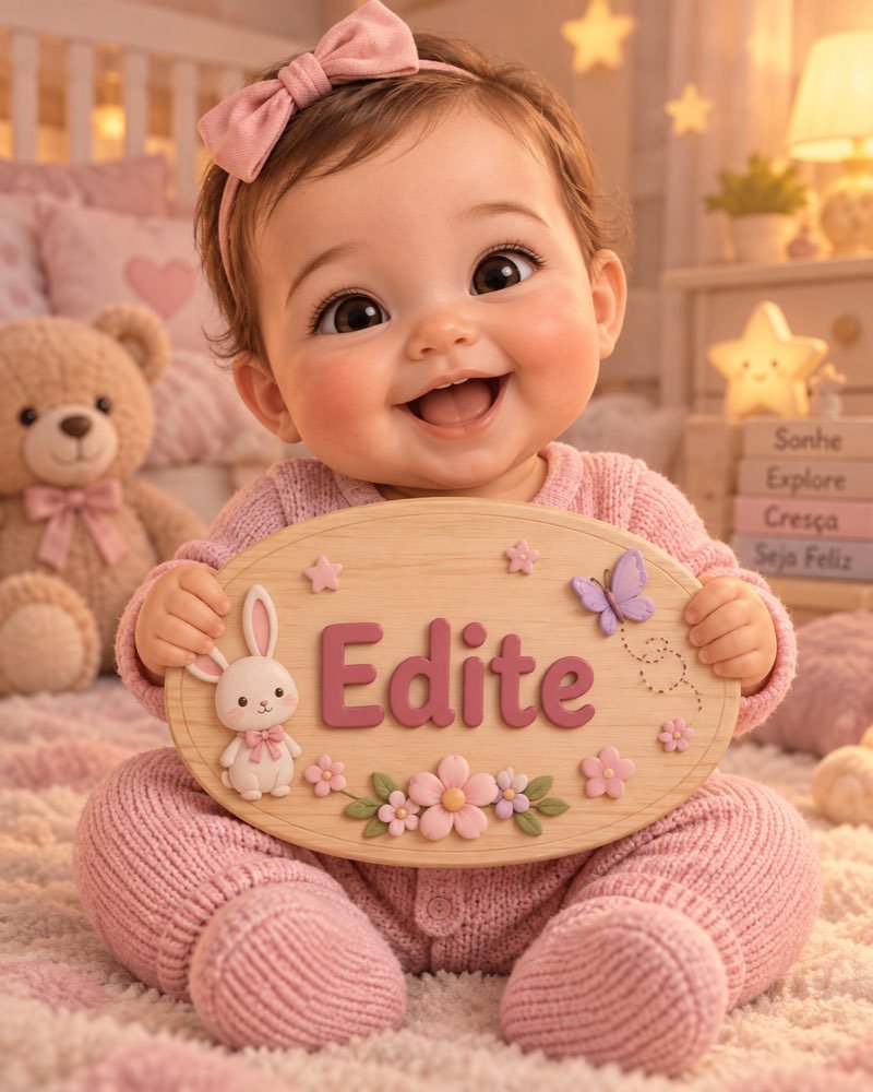 Ilustração de bebê segurando plaquinha com o nome Edite