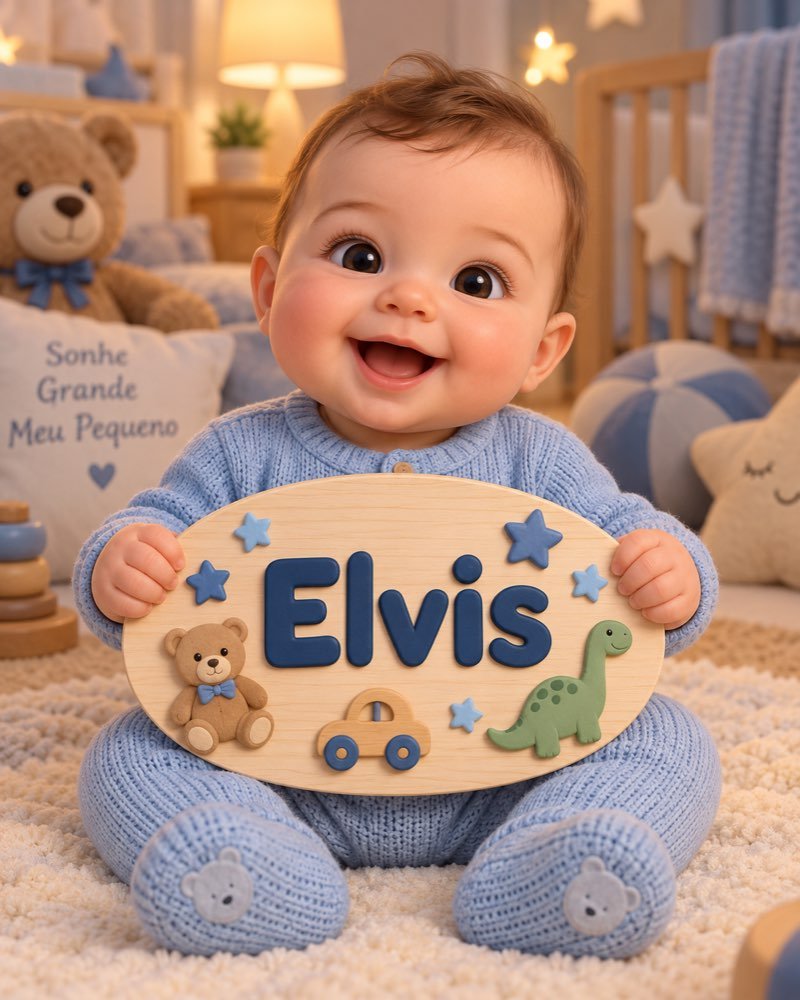 Ilustração de bebê segurando plaquinha com o nome Elvis
