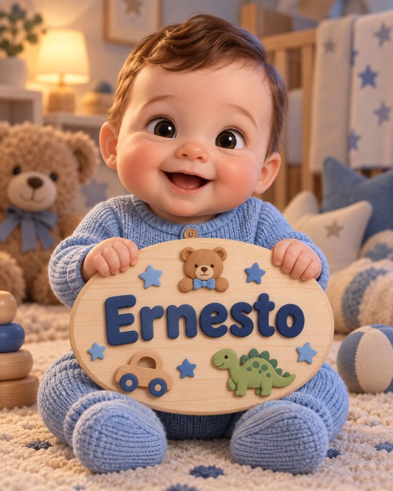 Ilustração de bebê segurando plaquinha com o nome Ernesto