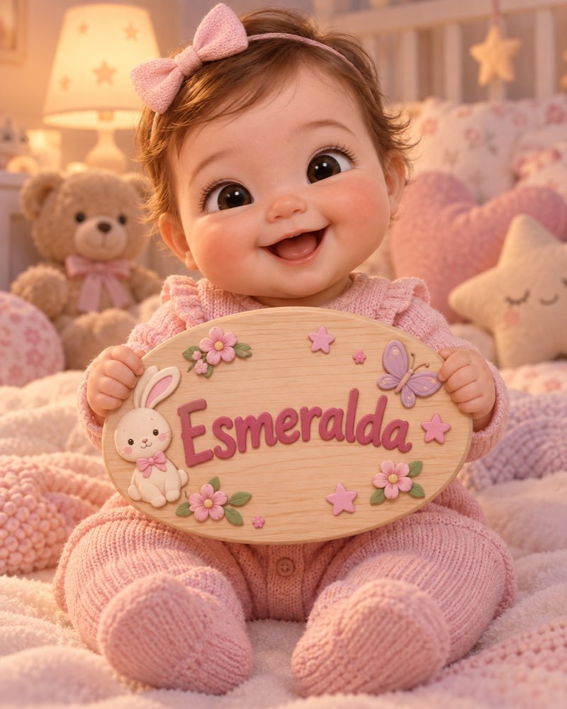 Ilustração de bebê segurando plaquinha com o nome Esmeralda