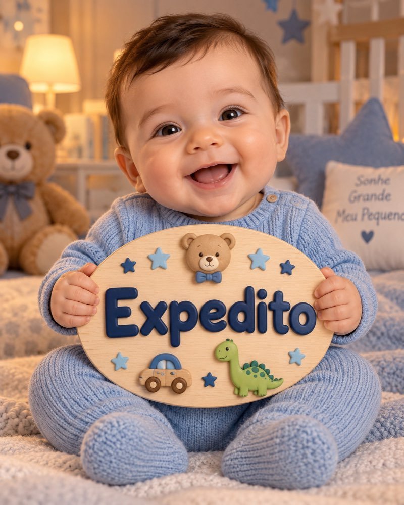Ilustração de bebê segurando plaquinha com o nome Expedito