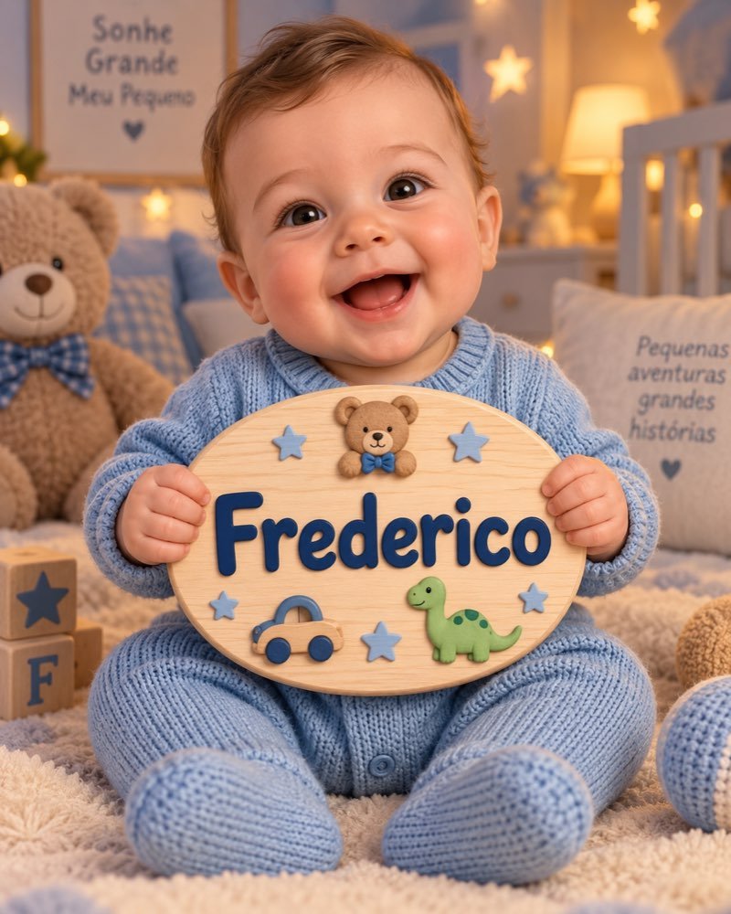 Ilustração de bebê segurando plaquinha com o nome Frederico