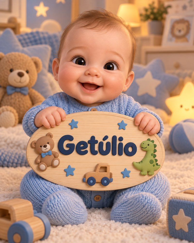 Ilustração de bebê segurando plaquinha com o nome Getúlio