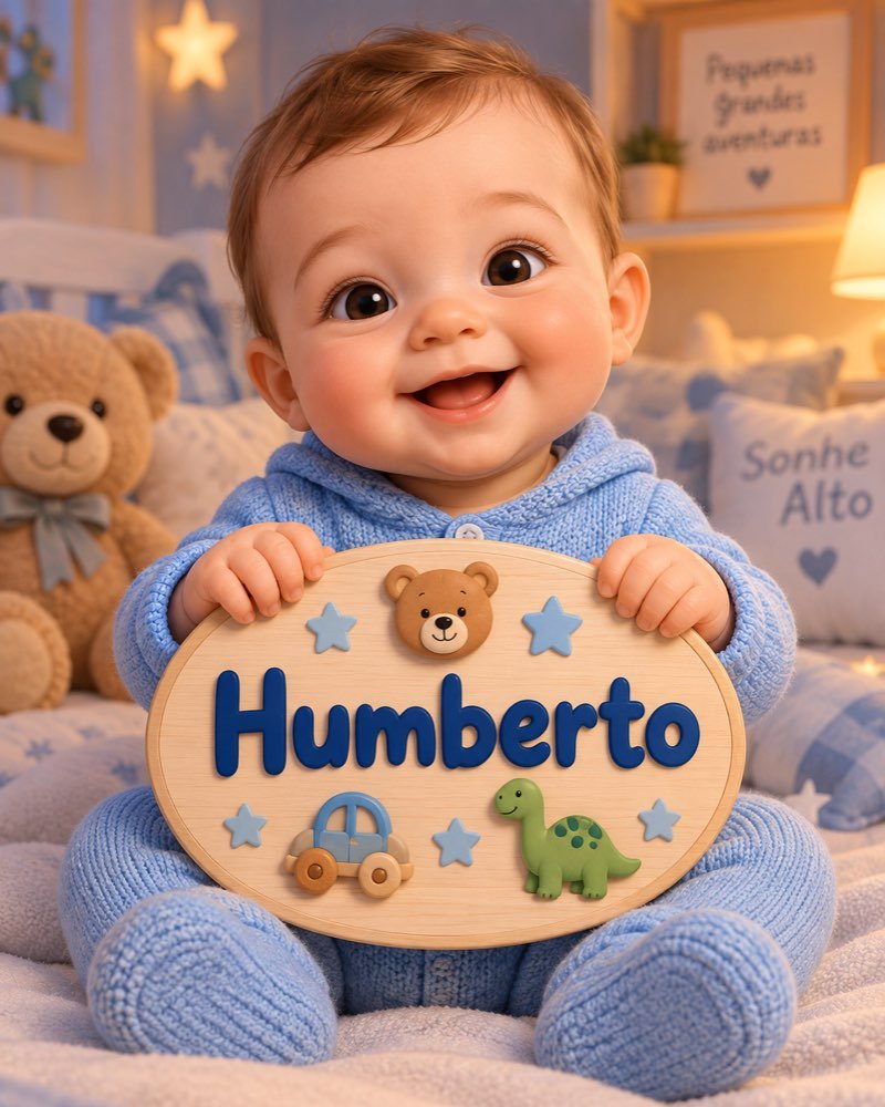 Ilustração de bebê segurando plaquinha com o nome Humberto