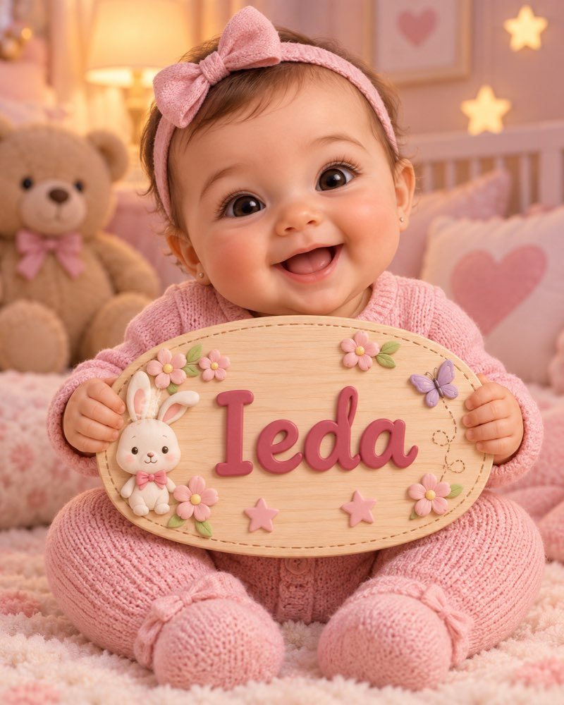 Ilustração de bebê segurando plaquinha com o nome Ieda