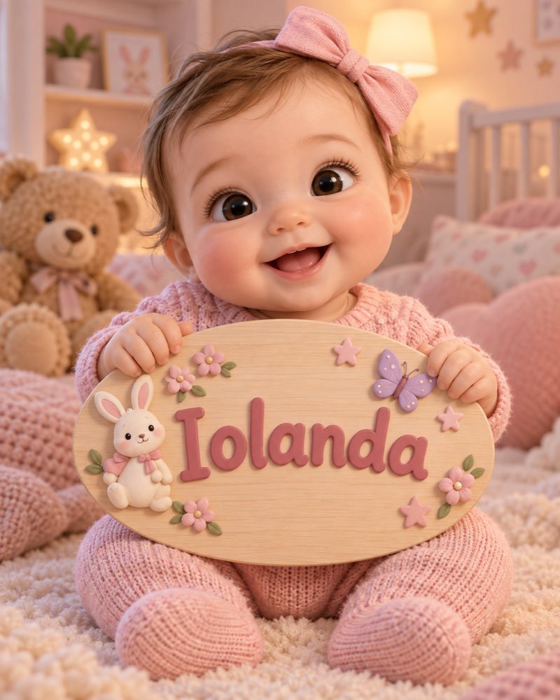 Ilustração de bebê segurando plaquinha com o nome Iolanda