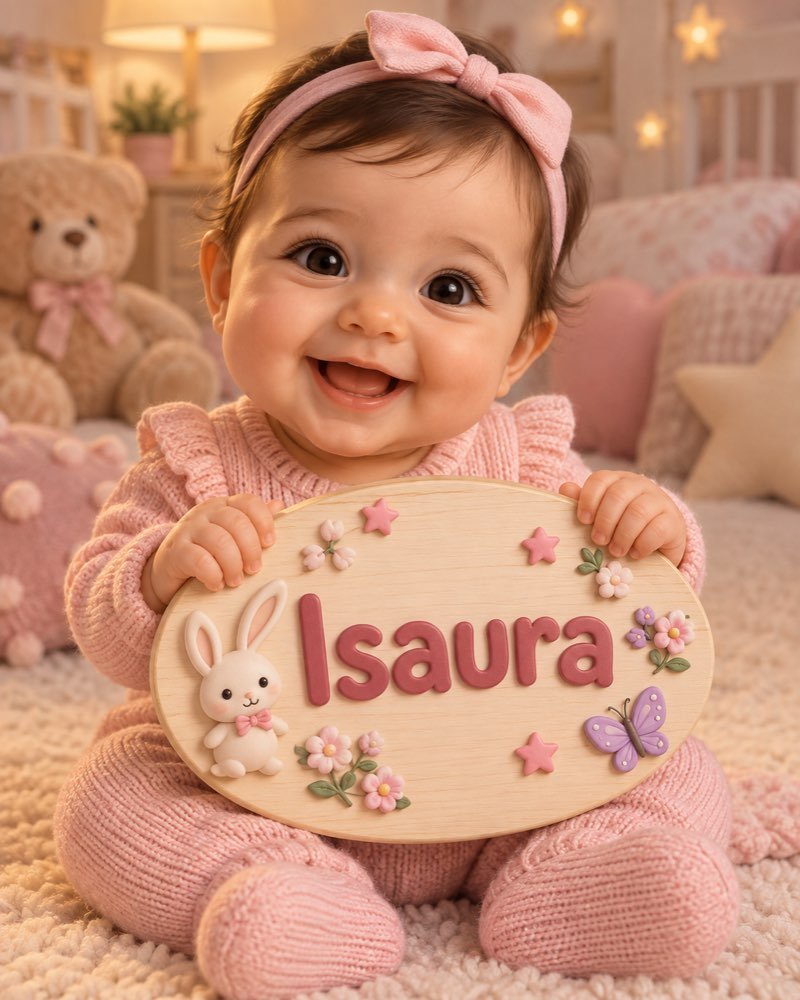 Ilustração de bebê segurando plaquinha com o nome Isaura