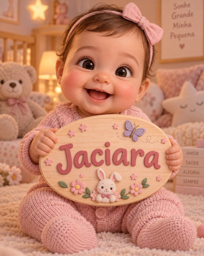 Ilustração de bebê segurando plaquinha com o nome Jaciara