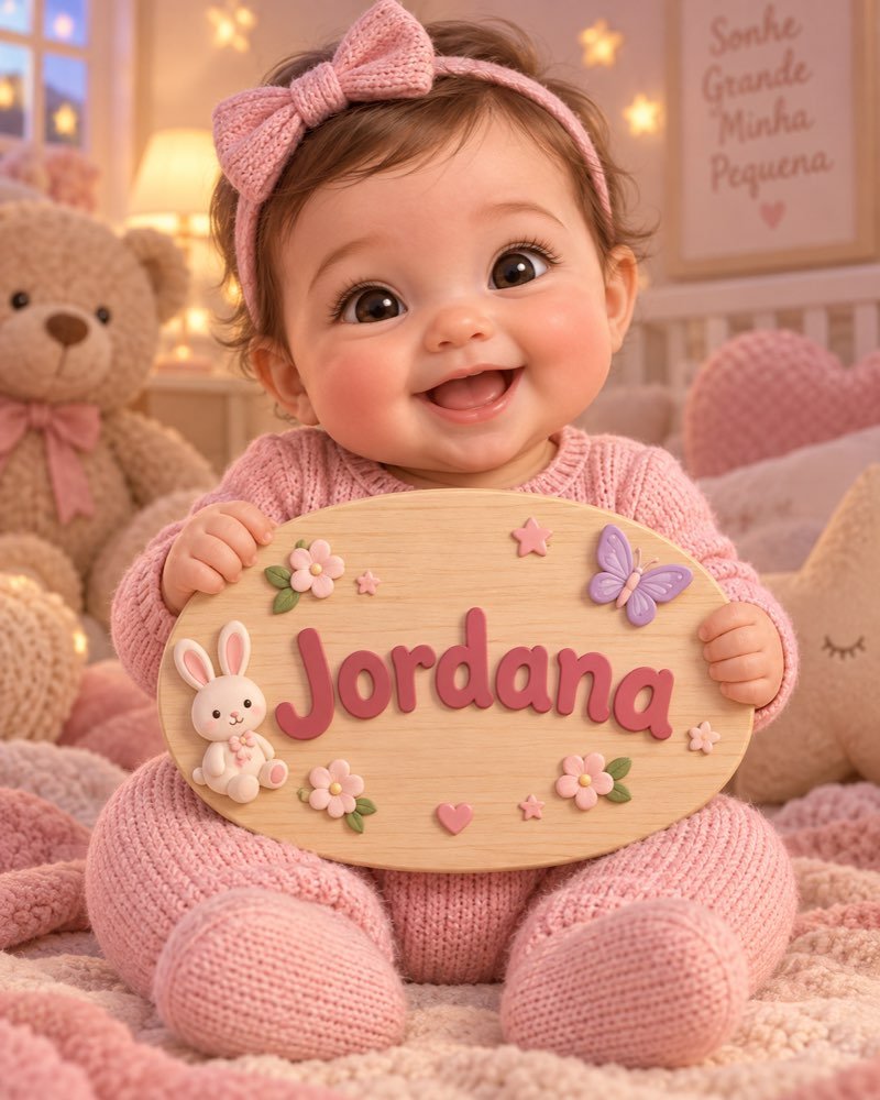 Ilustração de bebê segurando plaquinha com o nome Jordana
