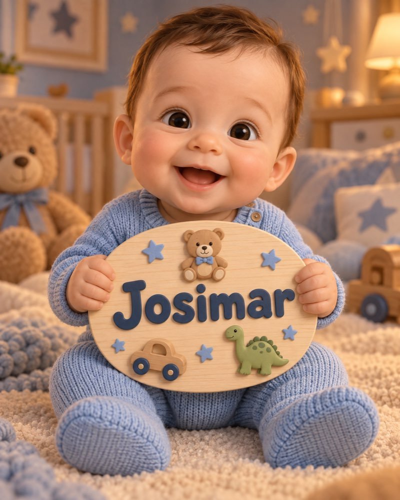 Ilustração de bebê segurando plaquinha com o nome Josimar