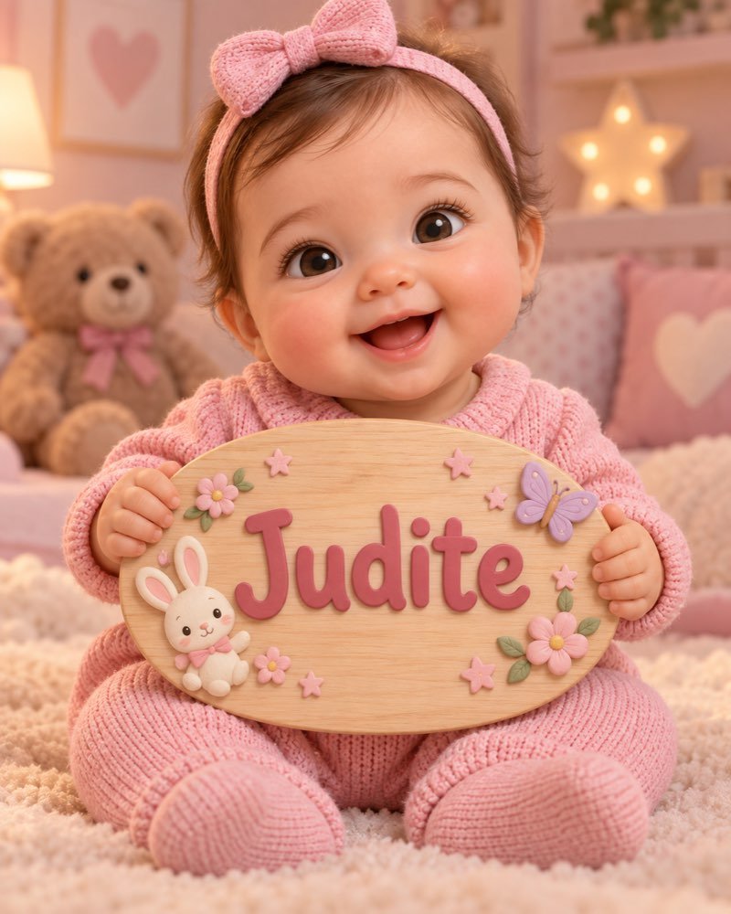 Ilustração de bebê segurando plaquinha com o nome Judite
