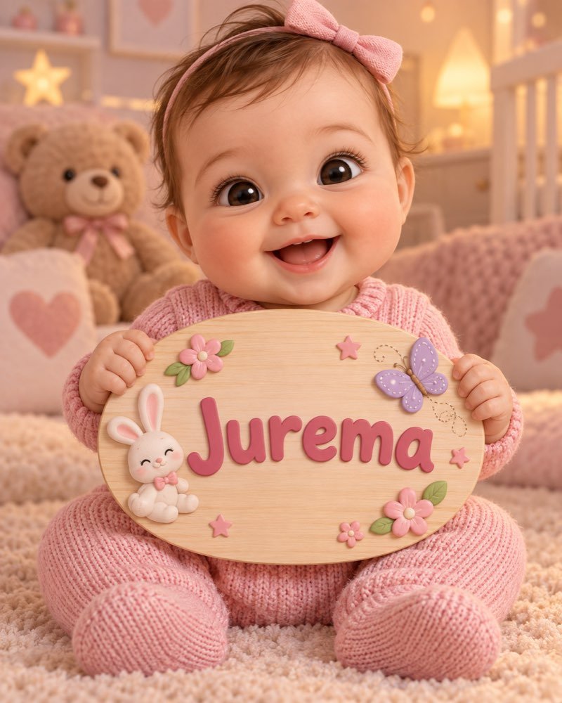 Ilustração de bebê segurando plaquinha com o nome Jurema