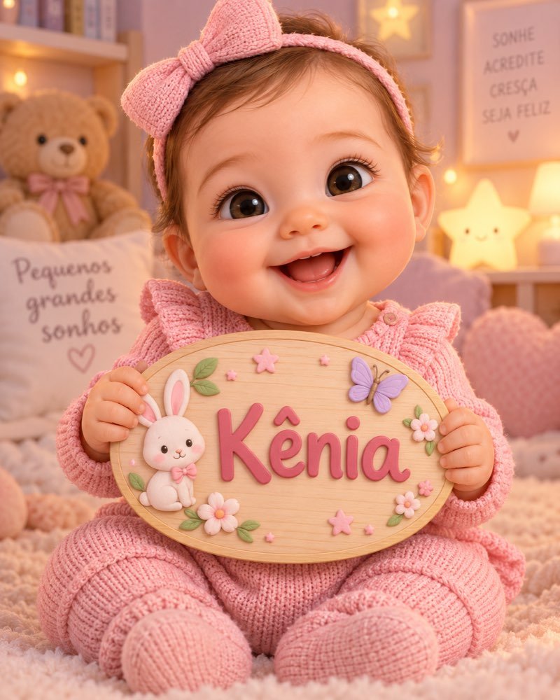 Ilustração de bebê segurando plaquinha com o nome Kênia