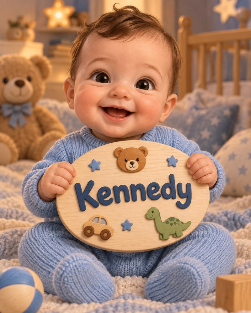 Ilustração de bebê segurando plaquinha com o nome Kennedy