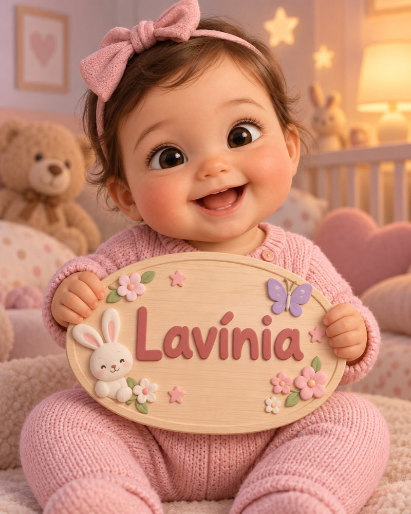 Ilustração de bebê segurando plaquinha com o nome Lavínia