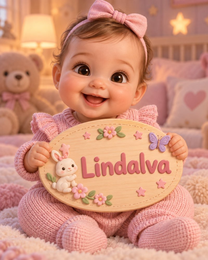 Ilustração de bebê segurando plaquinha com o nome Lindalva