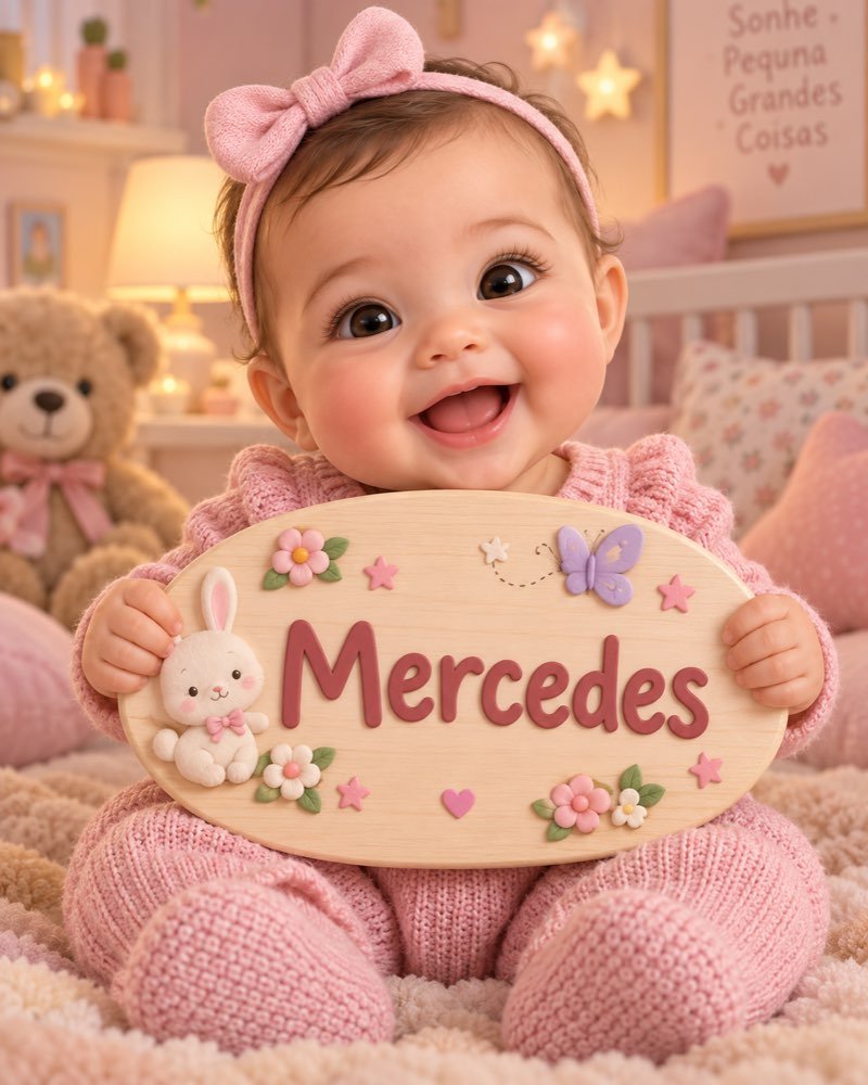 Ilustração de bebê segurando plaquinha com o nome Mercedes