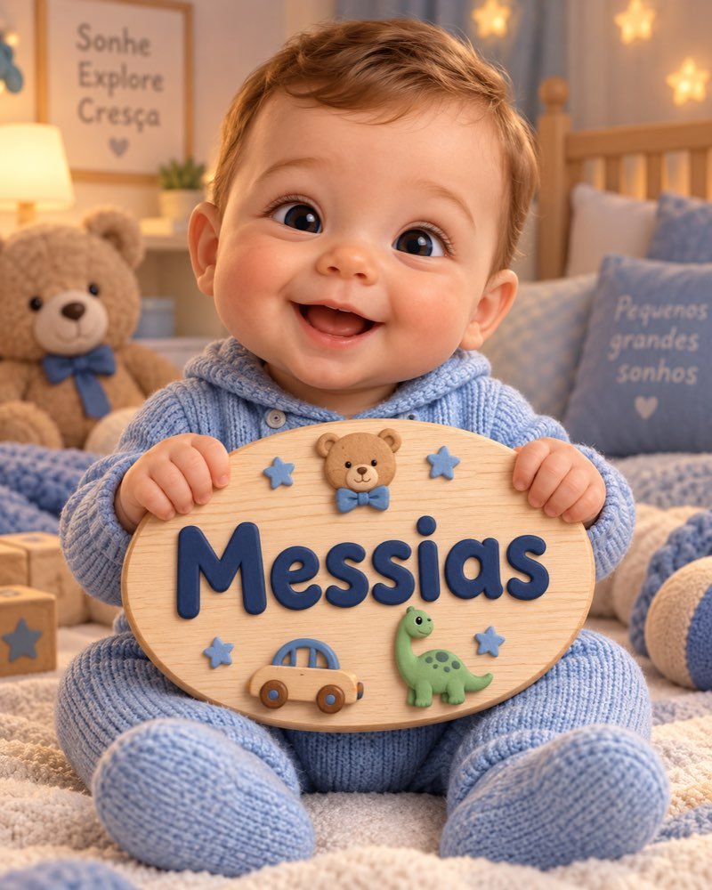 Ilustração de bebê segurando plaquinha com o nome Messias