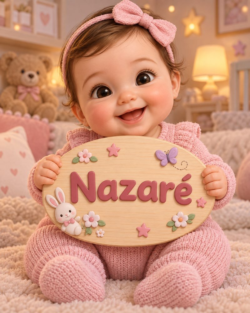 Ilustração de bebê segurando plaquinha com o nome Nazaré