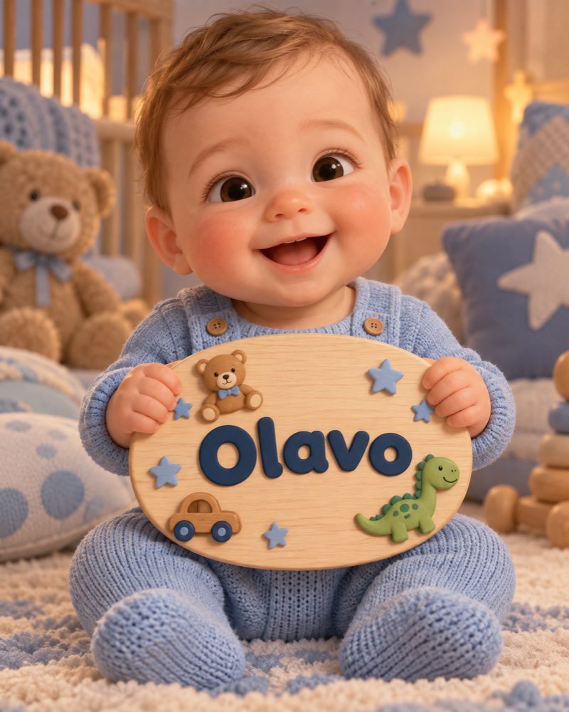 Ilustração de bebê segurando plaquinha com o nome Olavo