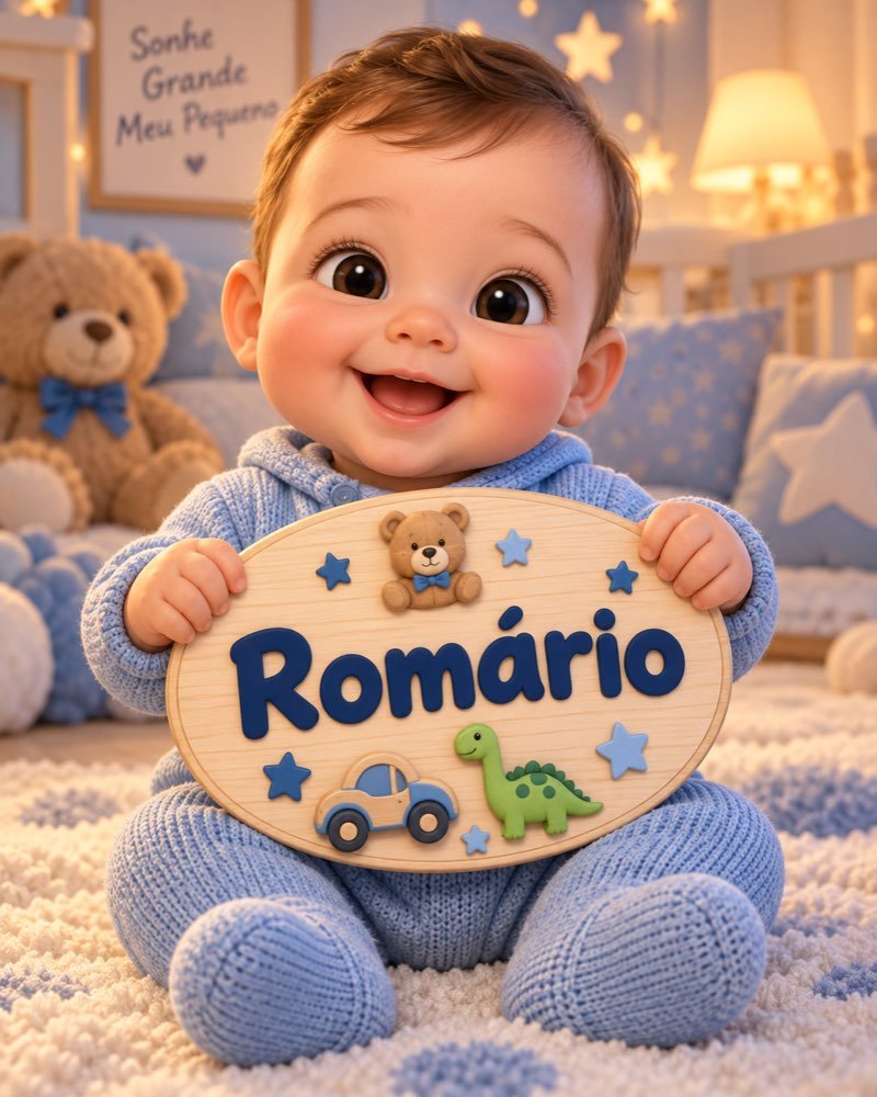 Ilustração de bebê segurando plaquinha com o nome Romário