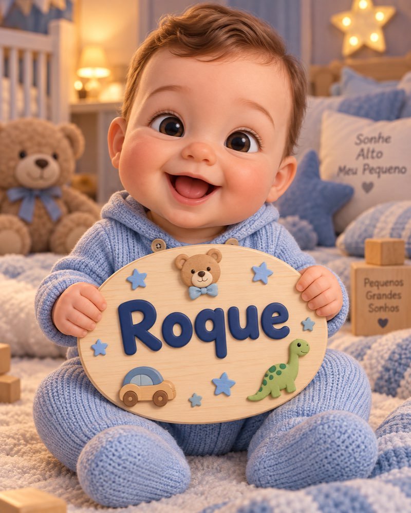 Ilustração de bebê segurando plaquinha com o nome Roque