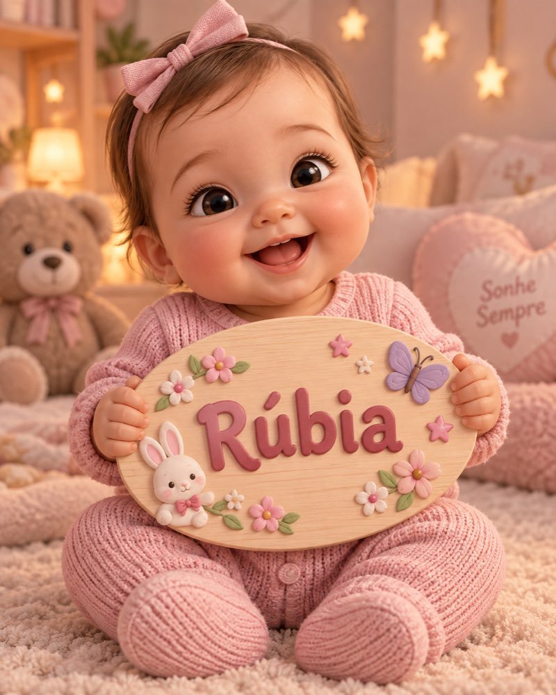 Ilustração de bebê segurando plaquinha com o nome Rúbia